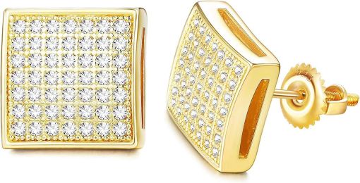 14K Gold Plated Iced Out Large Square Stud Earrings with 925 Sterling Silver Screw Back for Men Women Cubic Zirconia Hip Hop Jewelry