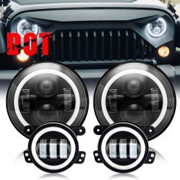 DOT Approved 7"inch Jeep LED Headlights High/Low Beam W/White Halo Ring DRL Amber Turn Signal + 4 inch Round Fog Lights with Halo Ring For Jeep Wrangl