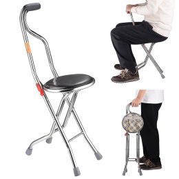 Walking Cane with Seat Aluminum Alloy Portable LED Floding Chair for Seniors Adult Height Adjustable Heavy Stick Stool for Elderly Gift