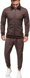 Men's 2 Pieces Tracksuits Jacket and Pants Casual Full Zip Running Jogging Athletic Plaid Sports Sweatsuits (Color: Coffee, size: S)