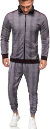 Men's 2 Pieces Tracksuits Jacket and Pants Casual Full Zip Running Jogging Athletic Plaid Sports Sweatsuits (Color: Dark grey, size: L)