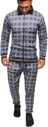 Men's 2 Pieces Tracksuits Jacket and Pants Casual Full Zip Running Jogging Athletic Plaid Sports Sweatsuits (Color: light grey, size: L)