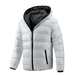 Men's Winter Quilted Jacket Hooded Thick Double Sided Coat High Quality Smooth Shiny Zipper Casual Sport Business Fashion Trend (Color: White, size: L)