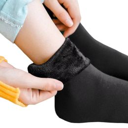 New Velvet Women Winter Warm Thicken Thermal Socks Soft Casual Solid Color Sock Wool Cashmere Home Snow Boots Floor Sock 1Pairs (Color: Black)