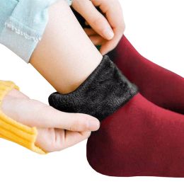 New Velvet Women Winter Warm Thicken Thermal Socks Soft Casual Solid Color Sock Wool Cashmere Home Snow Boots Floor Sock 1Pairs (Color: Red wine)