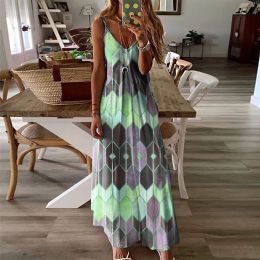Women's Summer Casual Printed Camisole Long Dress (Color: green, size: XXXXXL)
