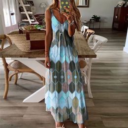 Women's Summer Casual Printed Camisole Long Dress (Color: Sky Blue, size: XXXXL)