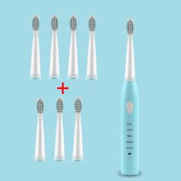 Ultrasonic Sonic Electric Toothbrush USB Charge Tooth Brushes Washable Whitening Soft Teeth Brush Head Adult Timer JAVEMAY J110 (Color: blue set)
