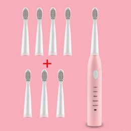 Ultrasonic Sonic Electric Toothbrush USB Charge Tooth Brushes Washable Whitening Soft Teeth Brush Head Adult Timer JAVEMAY J110 (Color: pink set)