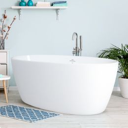 FerdY Tahiti 55" Acrylic Freestanding Bathtub, Elegant Oval Shape Soaking Bathtub, Glossy White, Brushed Nickel Drain & Integrated Slotted Overflow As (size: 1500)