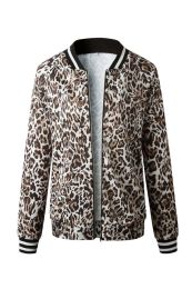 Leopard Printed Zip Up Bomber Jacket (Color: URBAN BRICK, size: S)