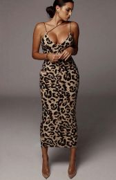 Ladies Sleeveless V-Neck Leopard Print Dress (Color & Size: Leopard print_M)