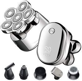 Nice Head Shavers for Men; Wet and Dry Electric Razor for Men; Rechargeable Electric Shavers Trimmer; Head Shaver Clippers Cordless Rotary Shaver Groo (style: 6 In-One Silver)